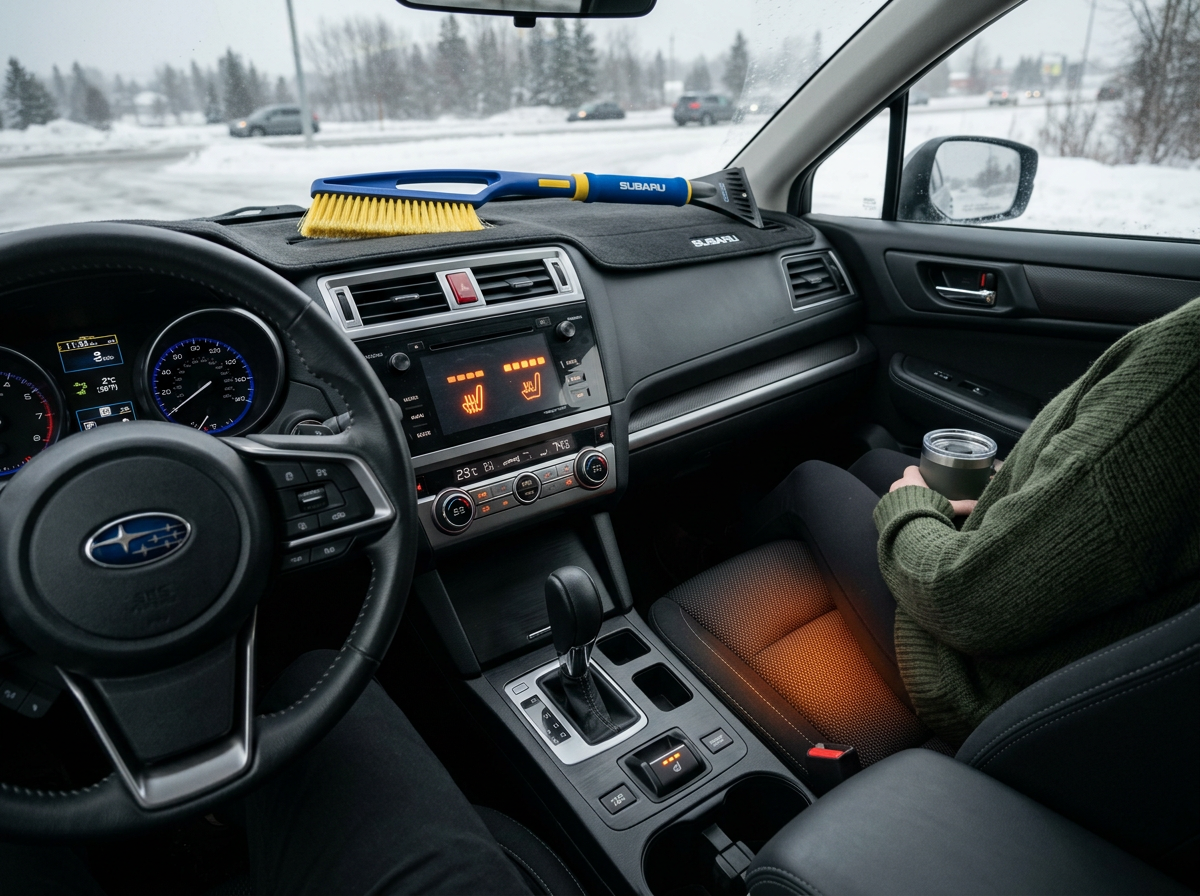 Hand using a smartphone app beside a parked car in winter