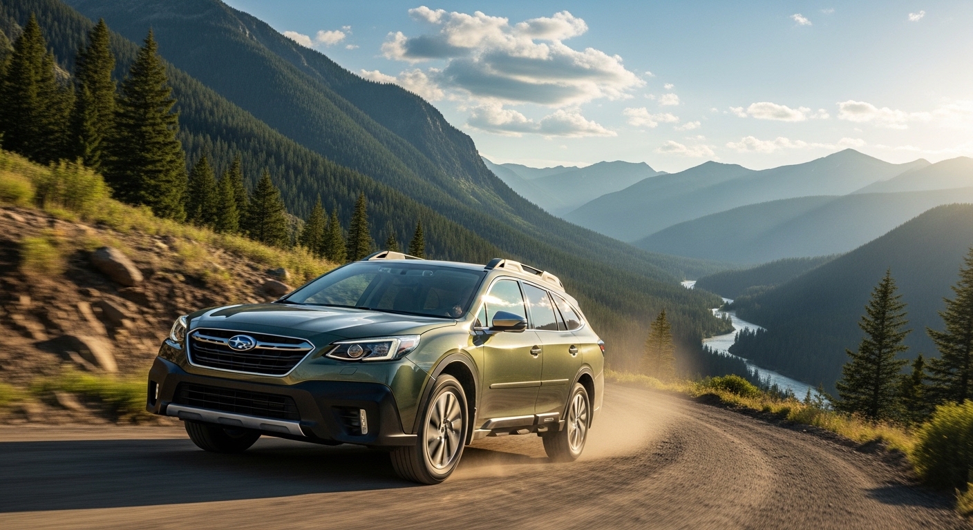 Subaru Outback driving through scenic mountains in summer