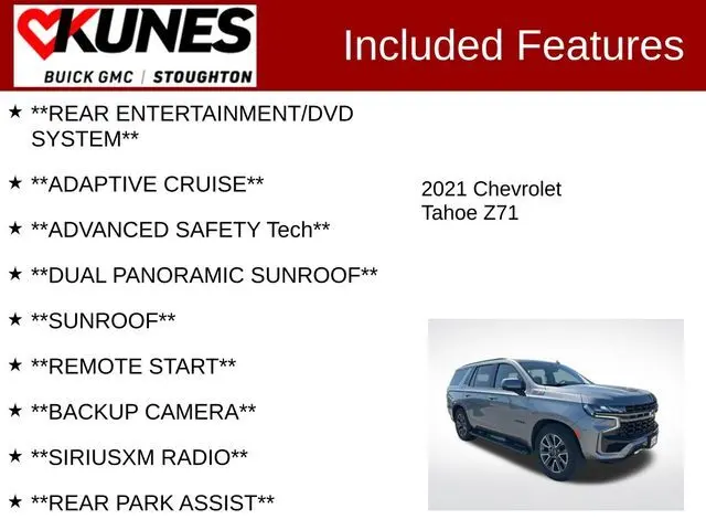 Used 2021 Chevrolet Tahoe Z71 with VIN 1GNSKPKD8MR222211 for sale in Stoughton, WI