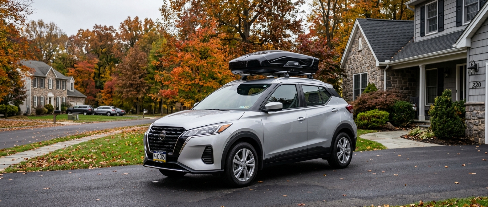 2026 Nissan Kicks SV with roof rail crossbars and cargo box in Warminster, PA