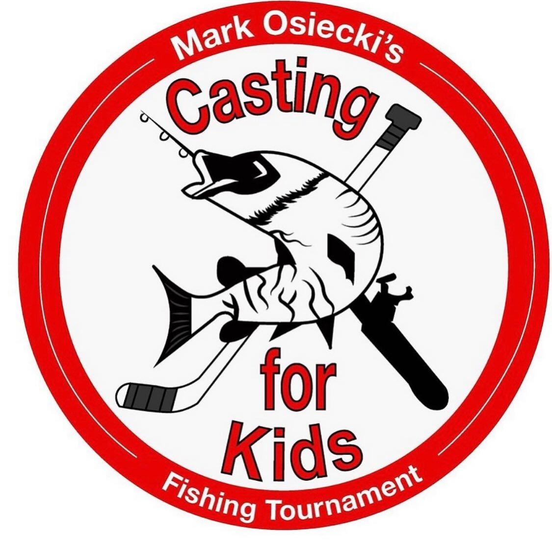 Mark Osiecki's Casting for Kids logo: Red circle around a fish, with a rod and a hockey stick. Text reads: Mark Osiecki's Casting for Kids Fishing Tournament