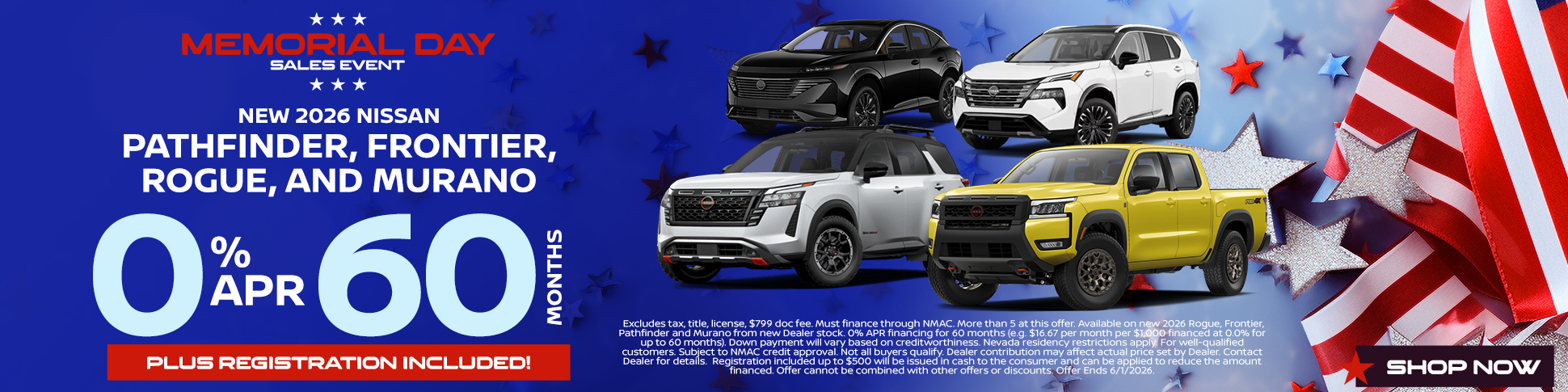 New 2026 Nissan Pathfinder, Frontier, Rogue, and Murano:0% APR for 60 Months