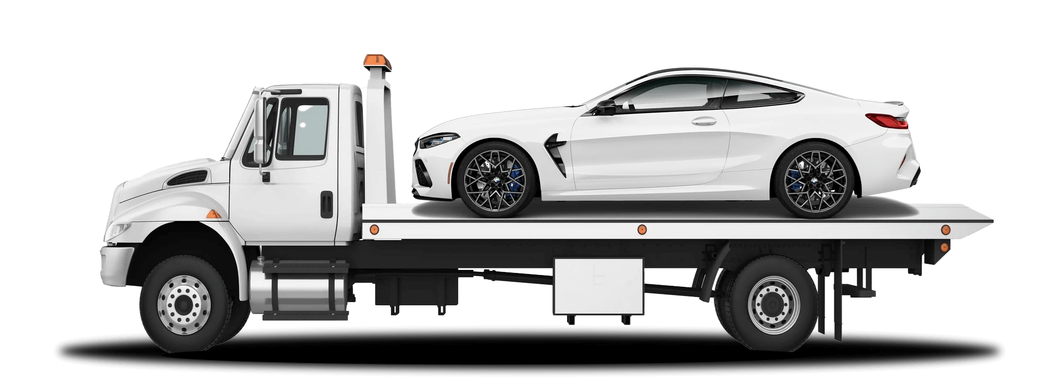 Flatbed tow truck transporting a white BMW coupe, representing CarDome's free home delivery service