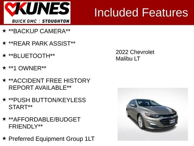 Used 2022 Chevrolet Malibu 1LT with VIN 1G1ZD5ST8NF165436 for sale in Stoughton, WI
