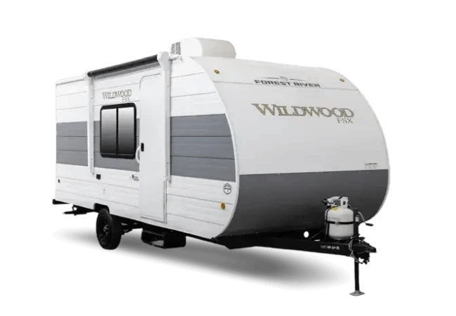 Front three-quarter view of a white and gray Forest River FSX Limited Edition Value