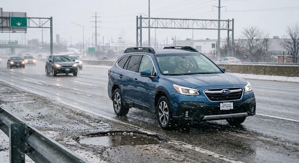 Winter driving on a Chicago-area expressway with snow flurries