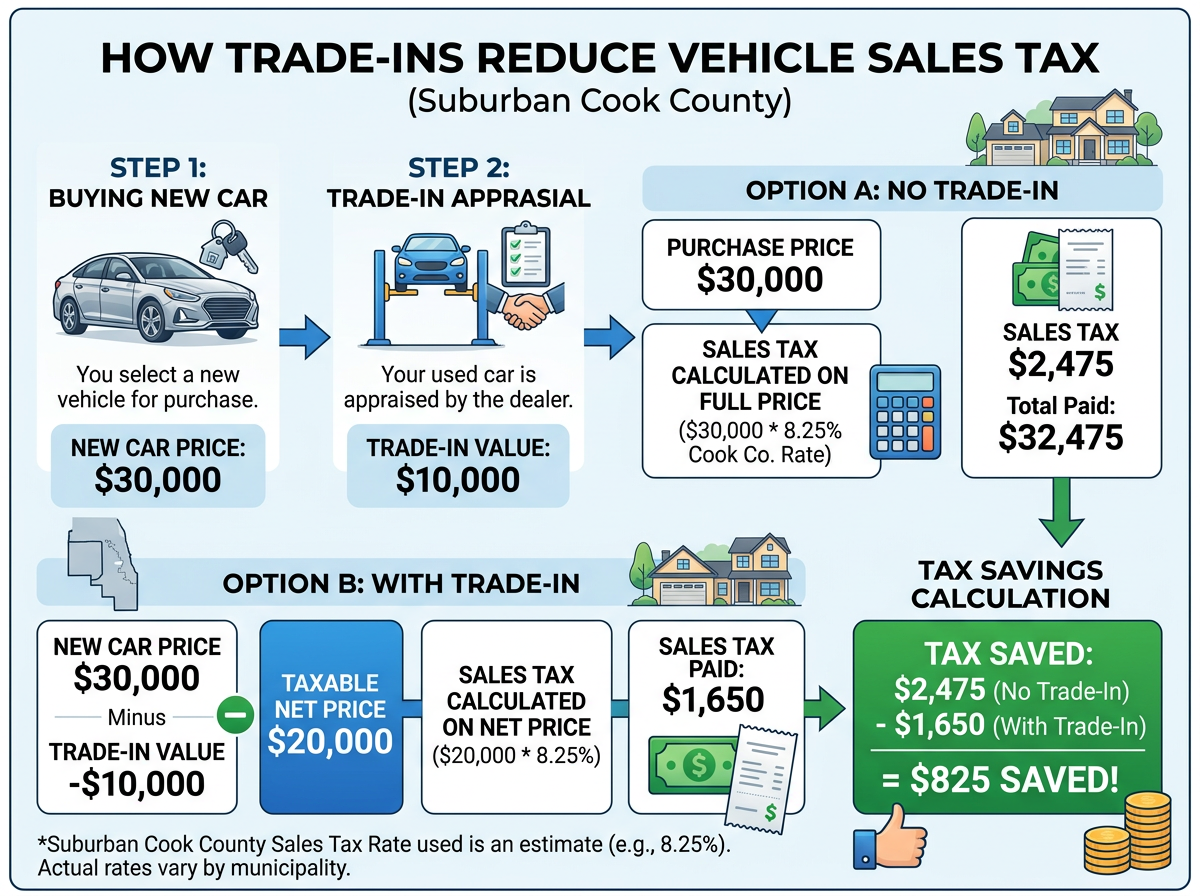 Calculator, car keys, and paperwork on a desk for trade-in planning