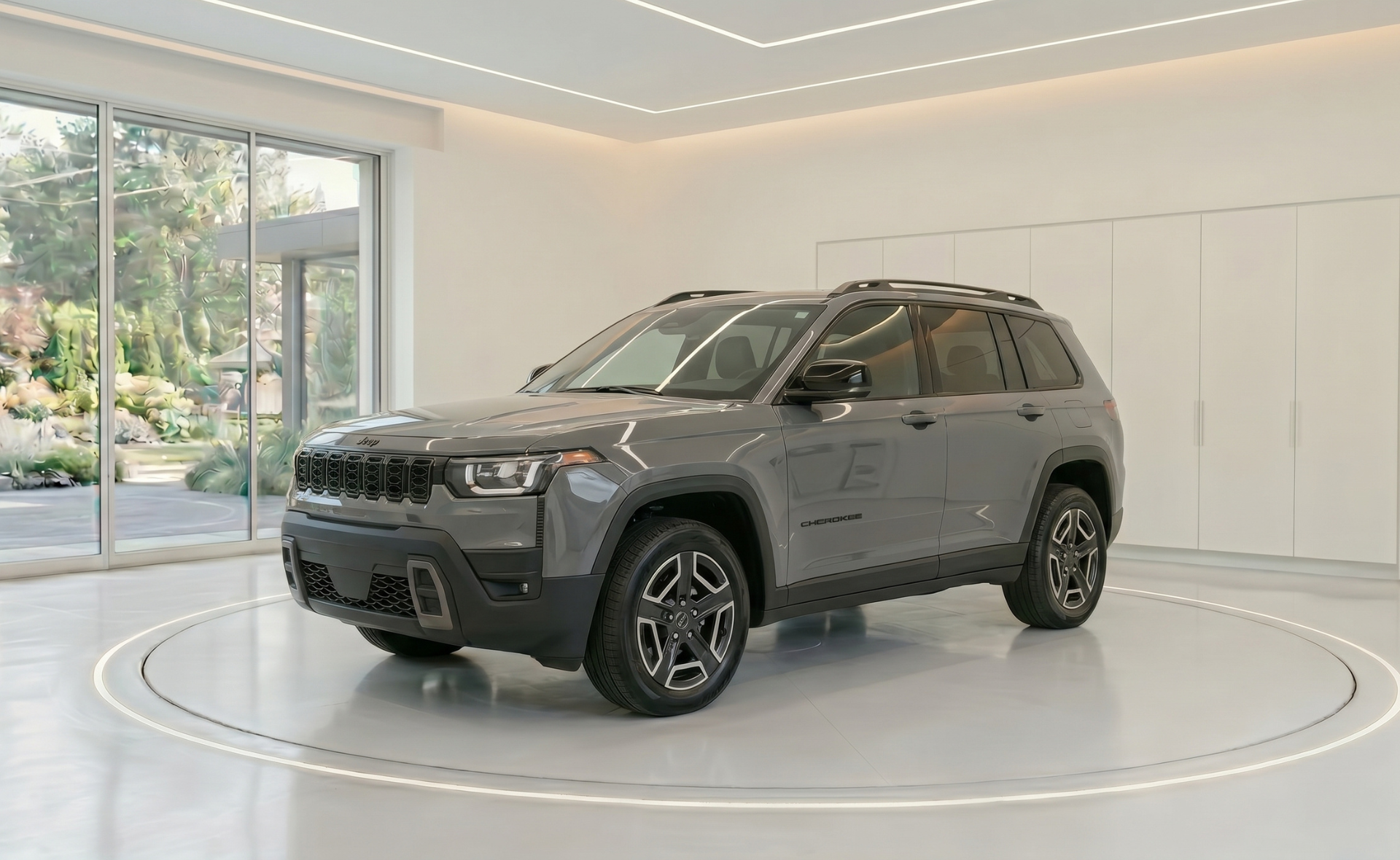 A gray Jeep Grand Cherokee midsize luxury SUV parked on an illuminated circular studio turntable inside a modern dealership showroom with large glass windows.