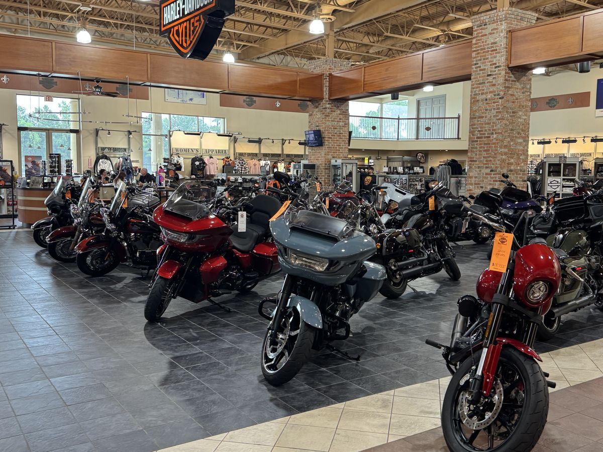 New Harley-Davidson touring and cruiser motorcycles on the showroom floor at Cajun Harley-Davidson in Scott, Louisiana