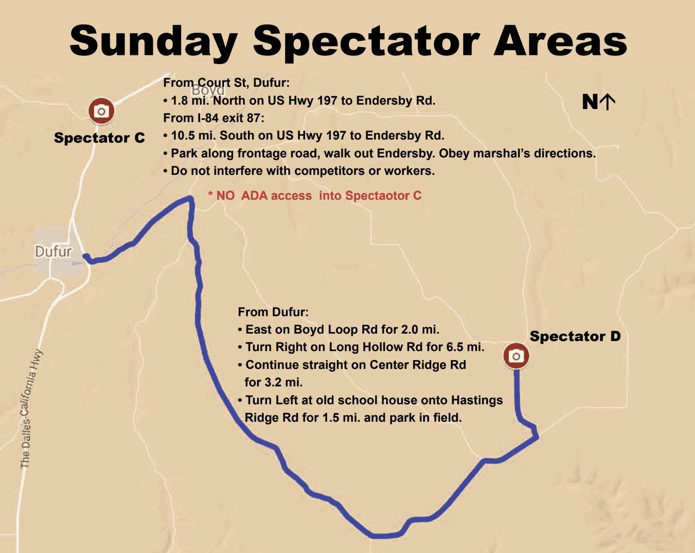 Map of Sunday spectator areas and directions near Dufur
