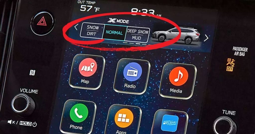 Subaru touchscreen with the dual-function X-MODE settings for Snow/Dirt and Deep Snow/Mud circled in red