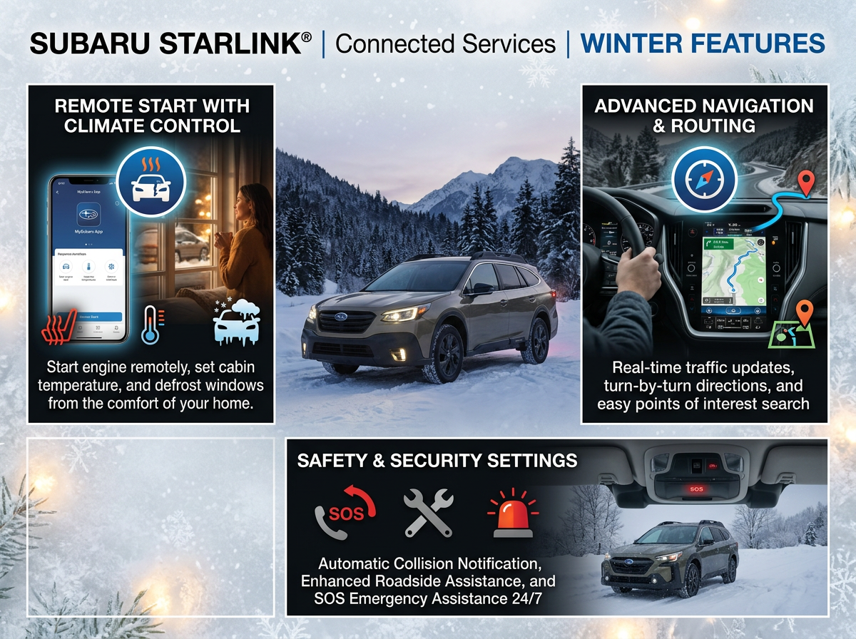 Snow-covered Subaru-like SUV warming up in driveway