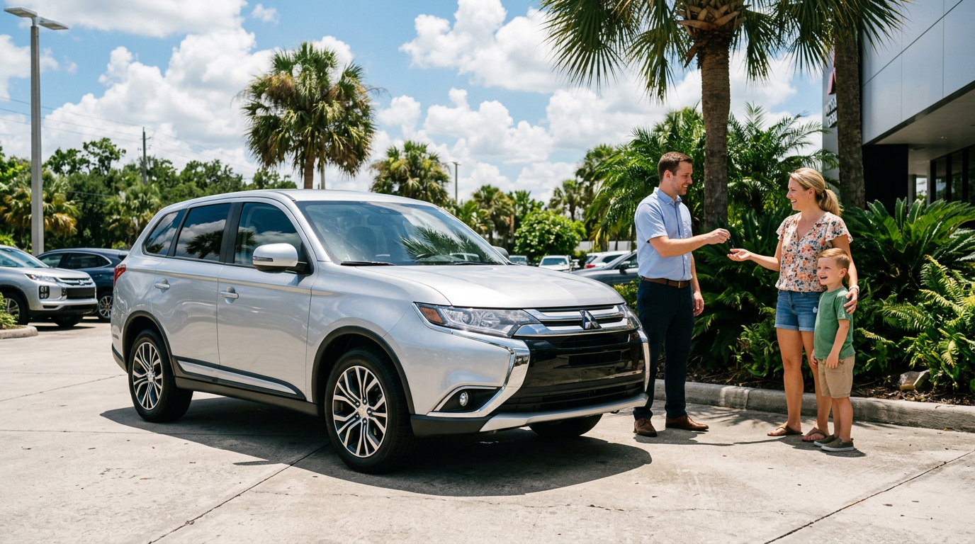 A salesman hands car keys to a woman standing with her young son beside a silver Mitsubishi SUV at a dealership.