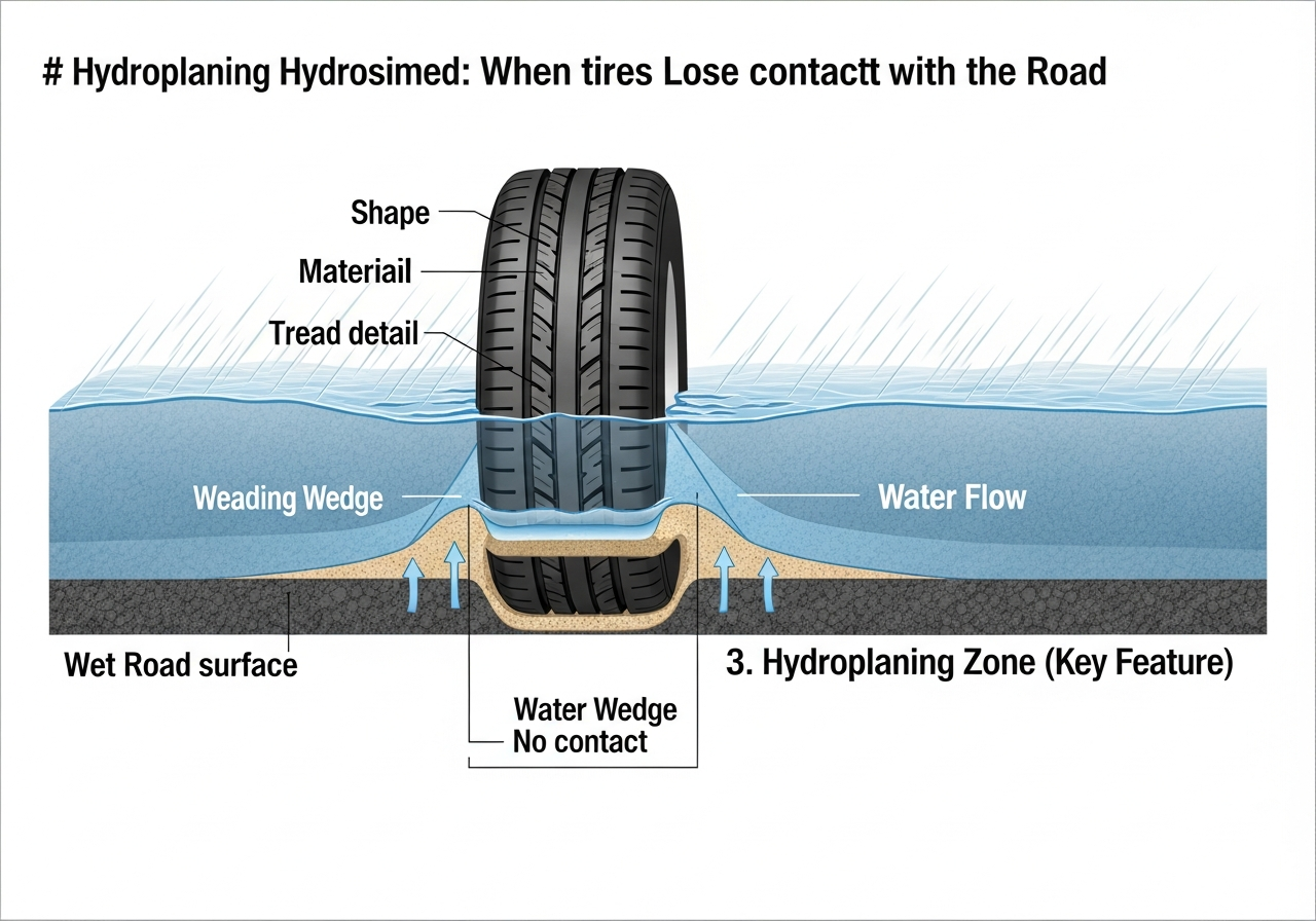Car driving through a puddle with visible splash indicating hydroplaning risk