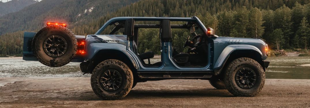 Blue 2025 Ford Bronco Raptor Side Exterior with Roof and Doors Removed