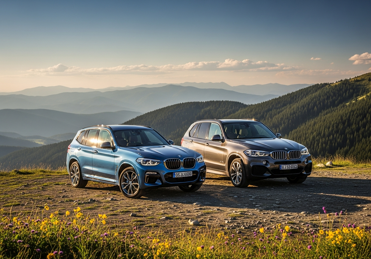BMW X3 and X5 parked side by side at sunset.
