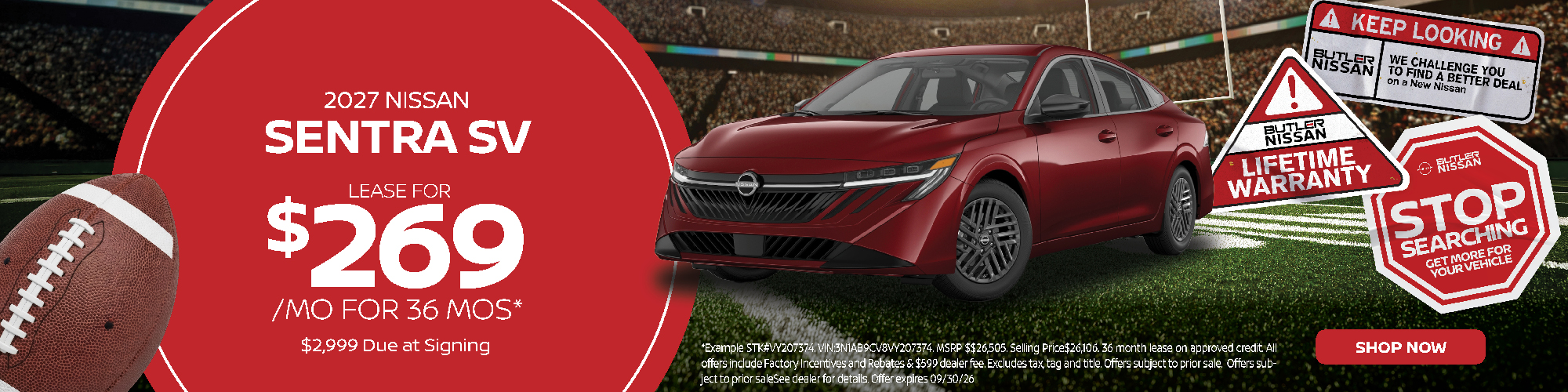 2027 Nissan Sentra SV lease special at Butler Nissan with payments of $269 per month for 36 months on approved credit