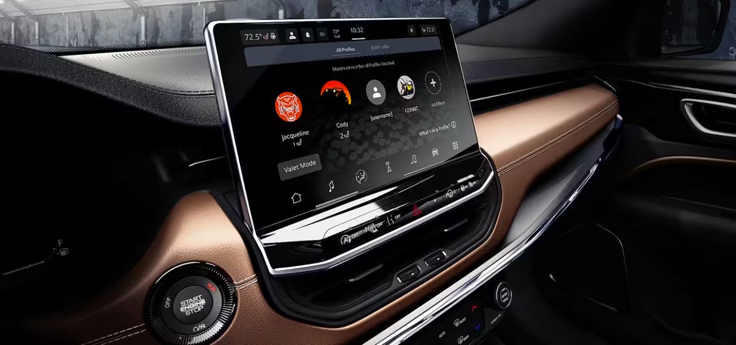 Close-up of the 2024 Jeep Compass infotainment screen featuring the Uconnect® 5 system with a 10.1-inch touchscreen and advanced connectivity options.