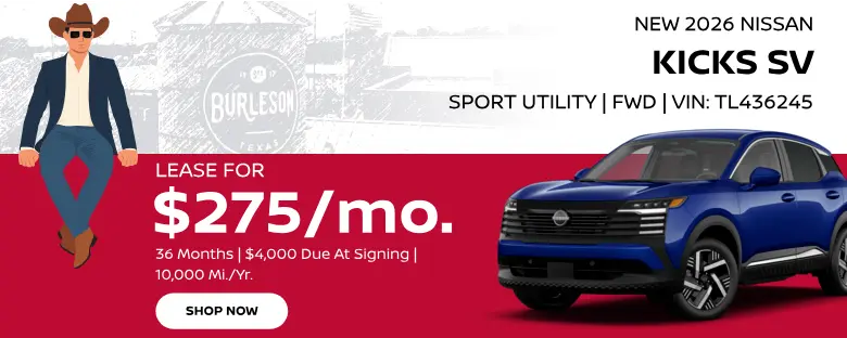 Lease a New 2026 Nissan Kicks SV for $275/month, 36 months, $4,000 due at signing, 10,000 miles per year. 