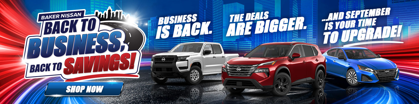 Baker Nissan Houston September sales event featuring Nissan Frontier, Rogue and Sentra with Back to Business, Back to Savings offers.