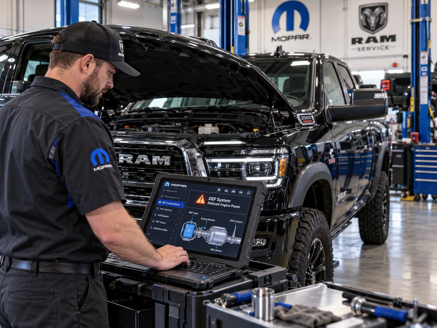 Technician diagnosing DEF and diesel emissions-system concerns on a RAM 2500 heavy-duty truck at Bonham Chrysler