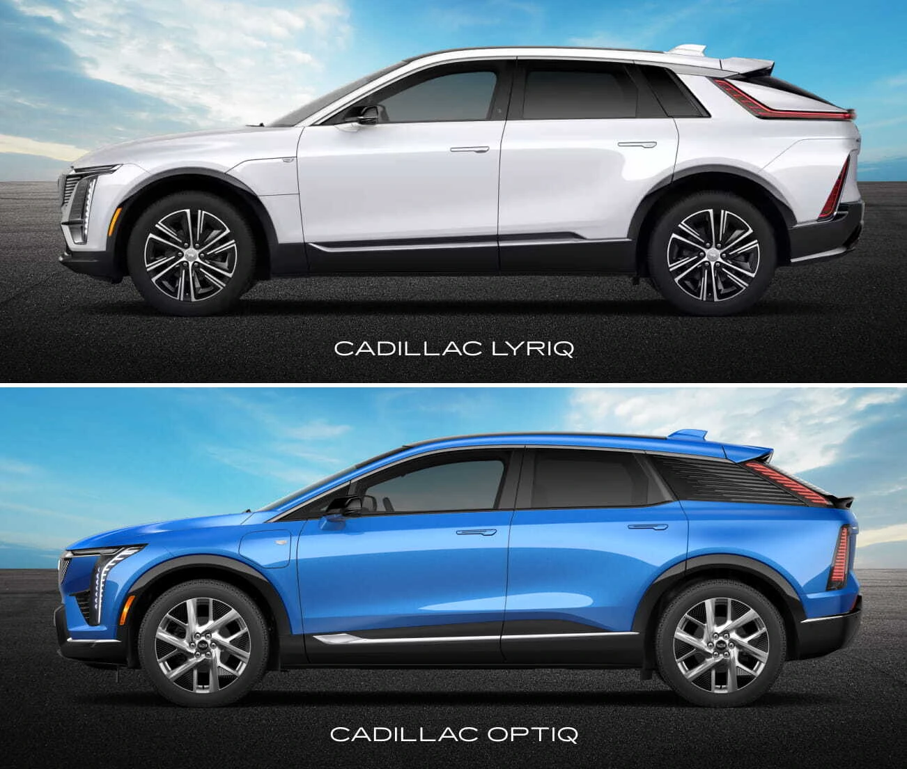 Side profile comparison of the Cadillac LYRIQ and Cadillac OPTIQ.
