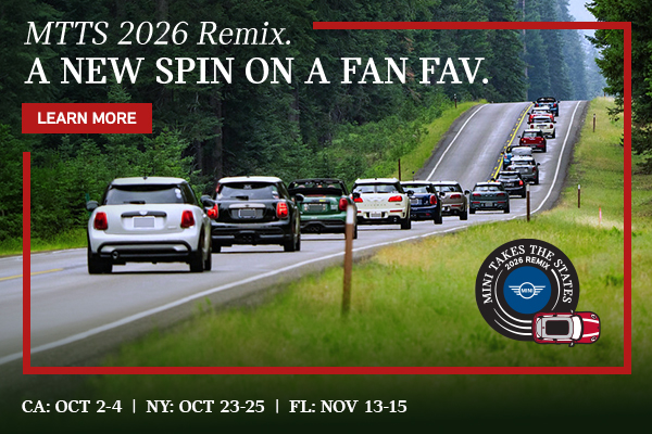 Banner for MINI Takes the States 2026 Remix showing MINI vehicles on a scenic drive and listing event dates in California, New York, and Florida.