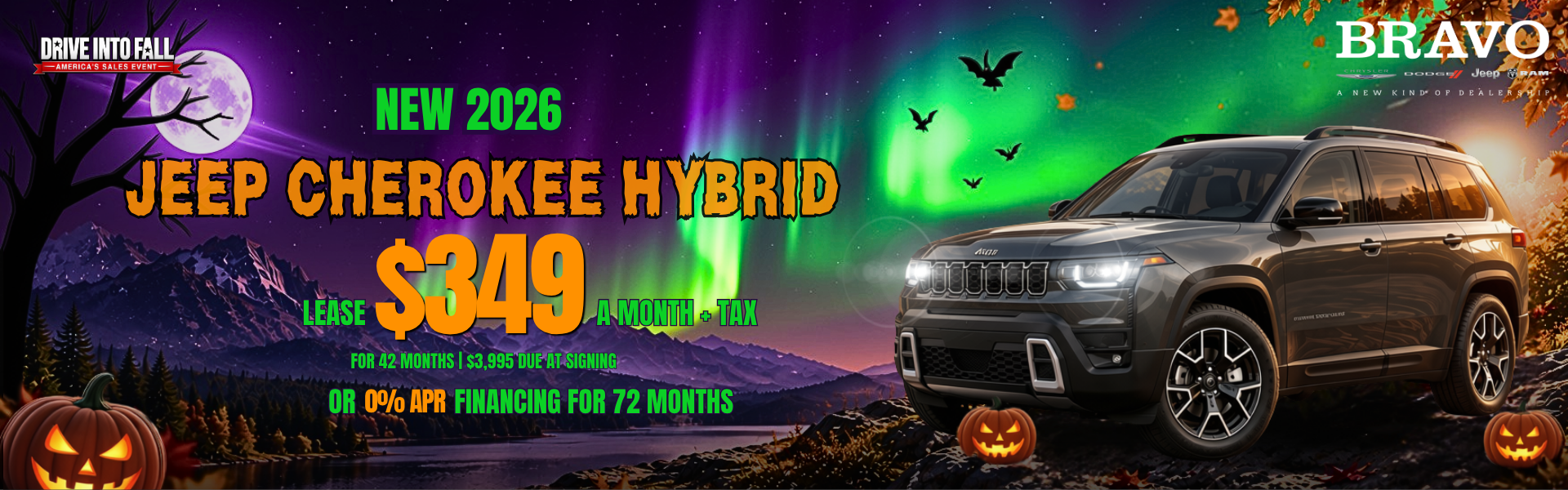 New 2026 Jeep Cherokee Hybrid: lease for $349 a month plus tax for 42 months, $3,995 due at signing, or 0% APR financing for 72 months