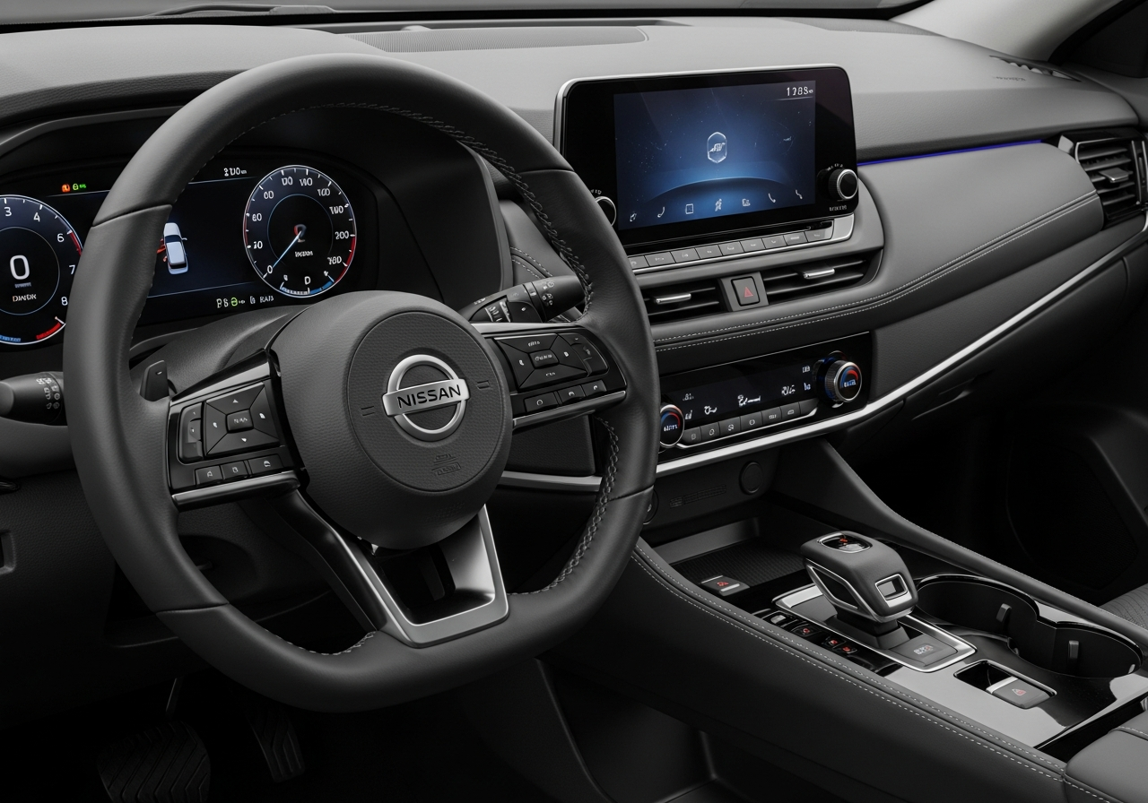 Nissan Rogue interior with large infotainment screen and steering wheel controls