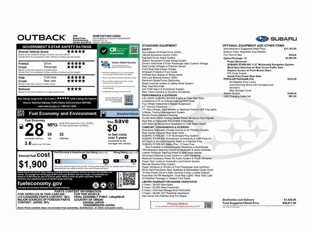 Used 2025 Subaru Outback Premium with VIN 4S4BTAFC4S3142064 for sale in Trooper, PA
