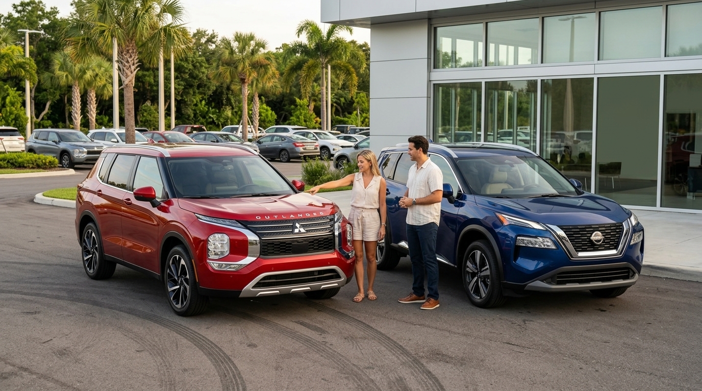 A couple stands outside a dealership comparing a red Mitsubishi Outlander and a blue Nissan Rogue SUV. (Representative image for illustration purposes only. Actual vehicle may vary based on trim and configuration.)
