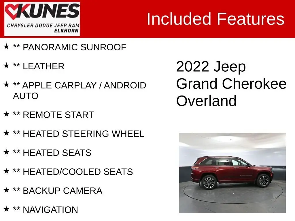 Used 2022 Jeep Grand Cherokee Overland with VIN 1C4RJHDG0N8585035 for sale in Elkhorn, WI