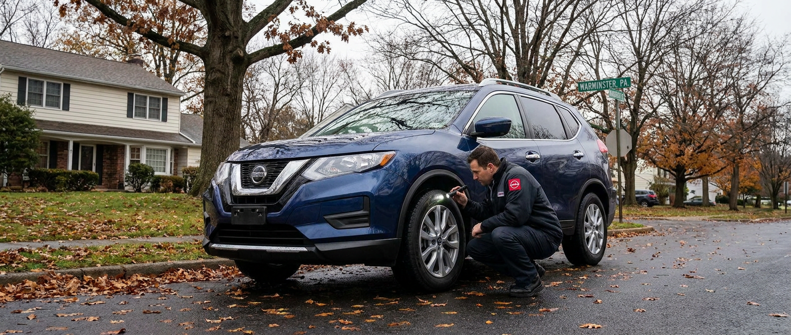 Nissan technician inspecting brake caliper on a Nissan Rogue on a Warminster PA street in fall 2027