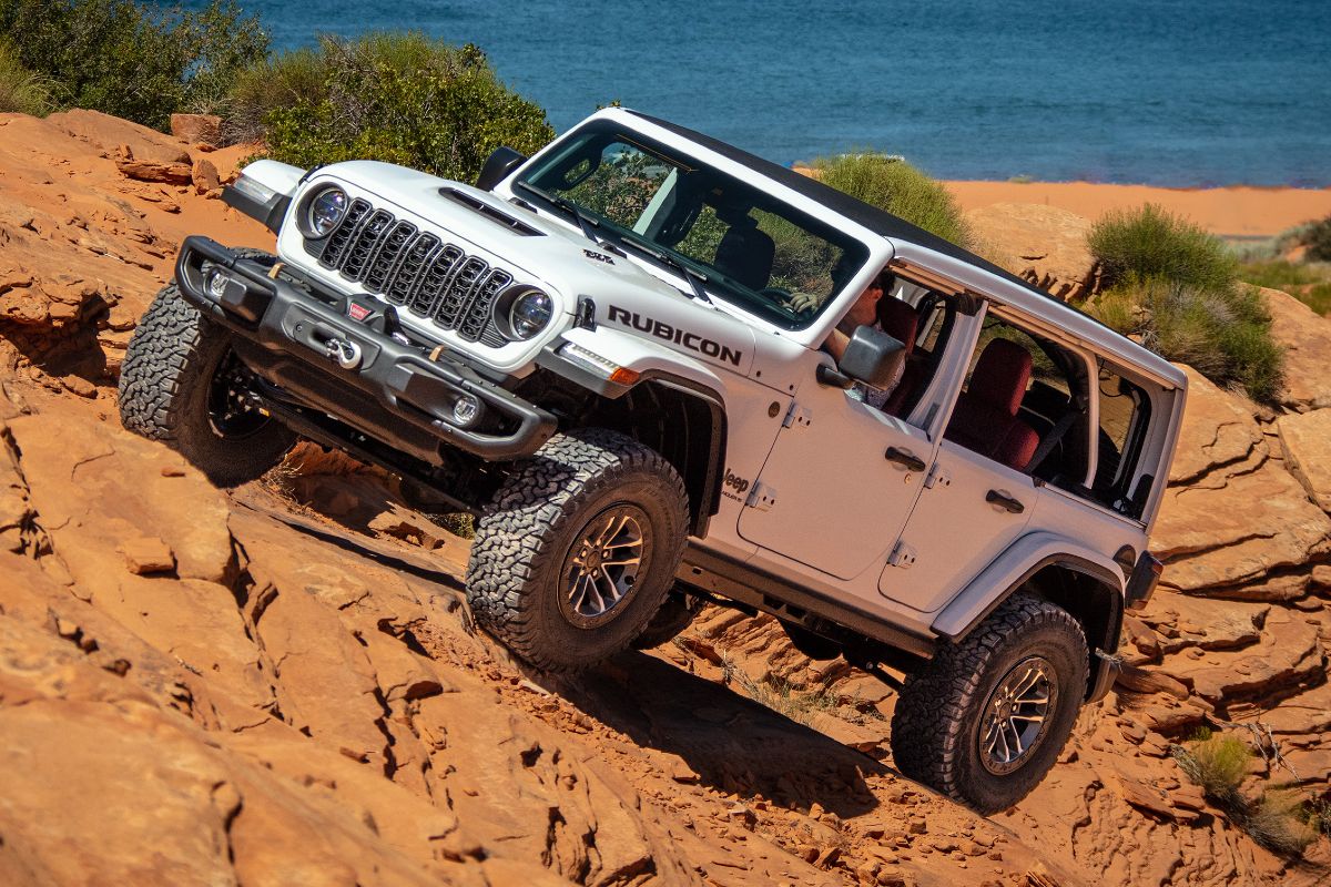 2024 Jeep Wrangler Exterior Driver Side Front Profile while Rock Crawling