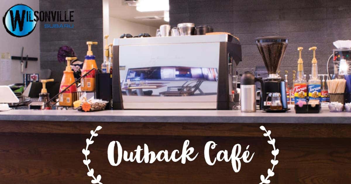 Outback Café coffee bar at Wilsonville Subaru with espresso machine and syrups