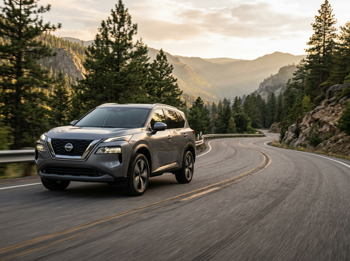 Nissan SUV driving on a winding mountain road