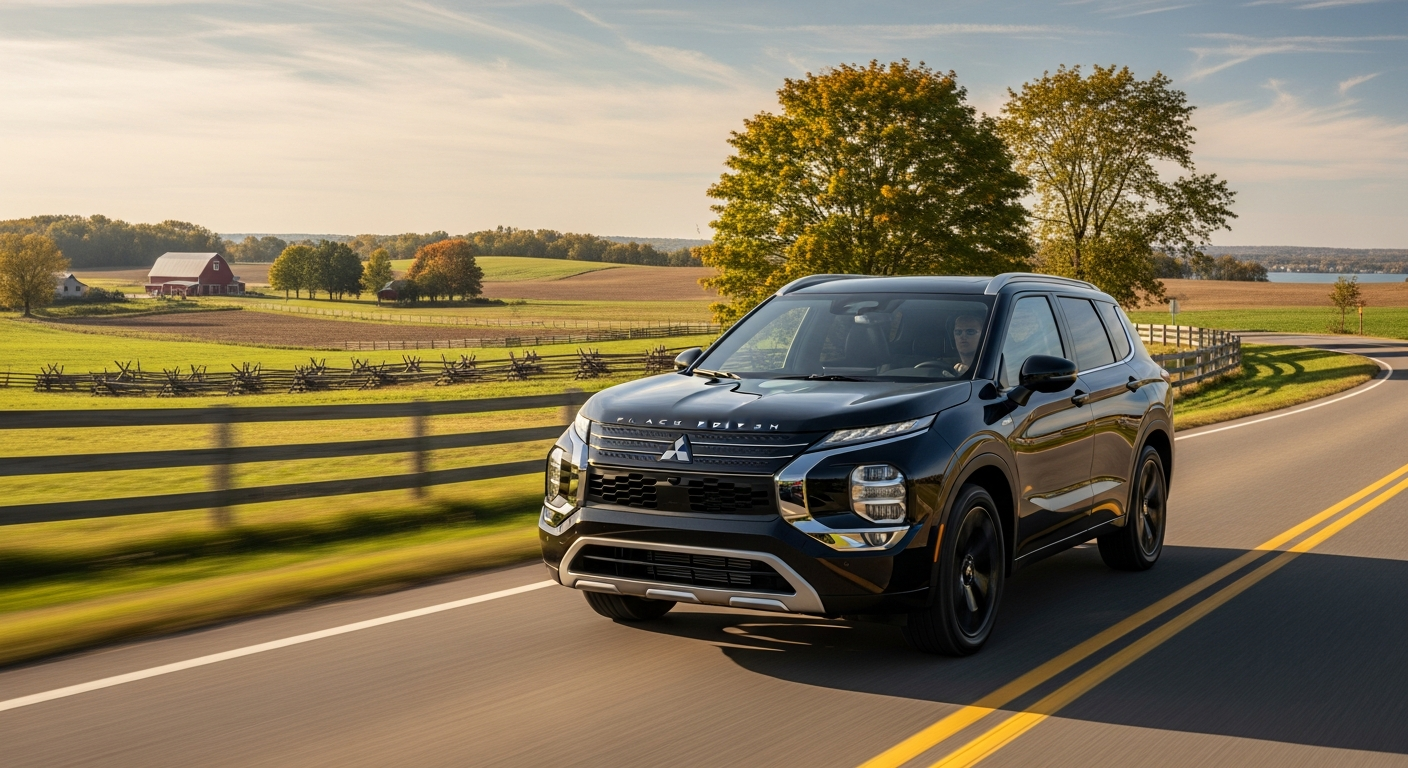 2026 Mitsubishi Outlander PHEV Black Edition driving on a scenic road