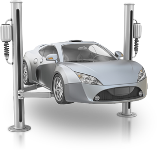 Silver sports car raised on a two-post service lift