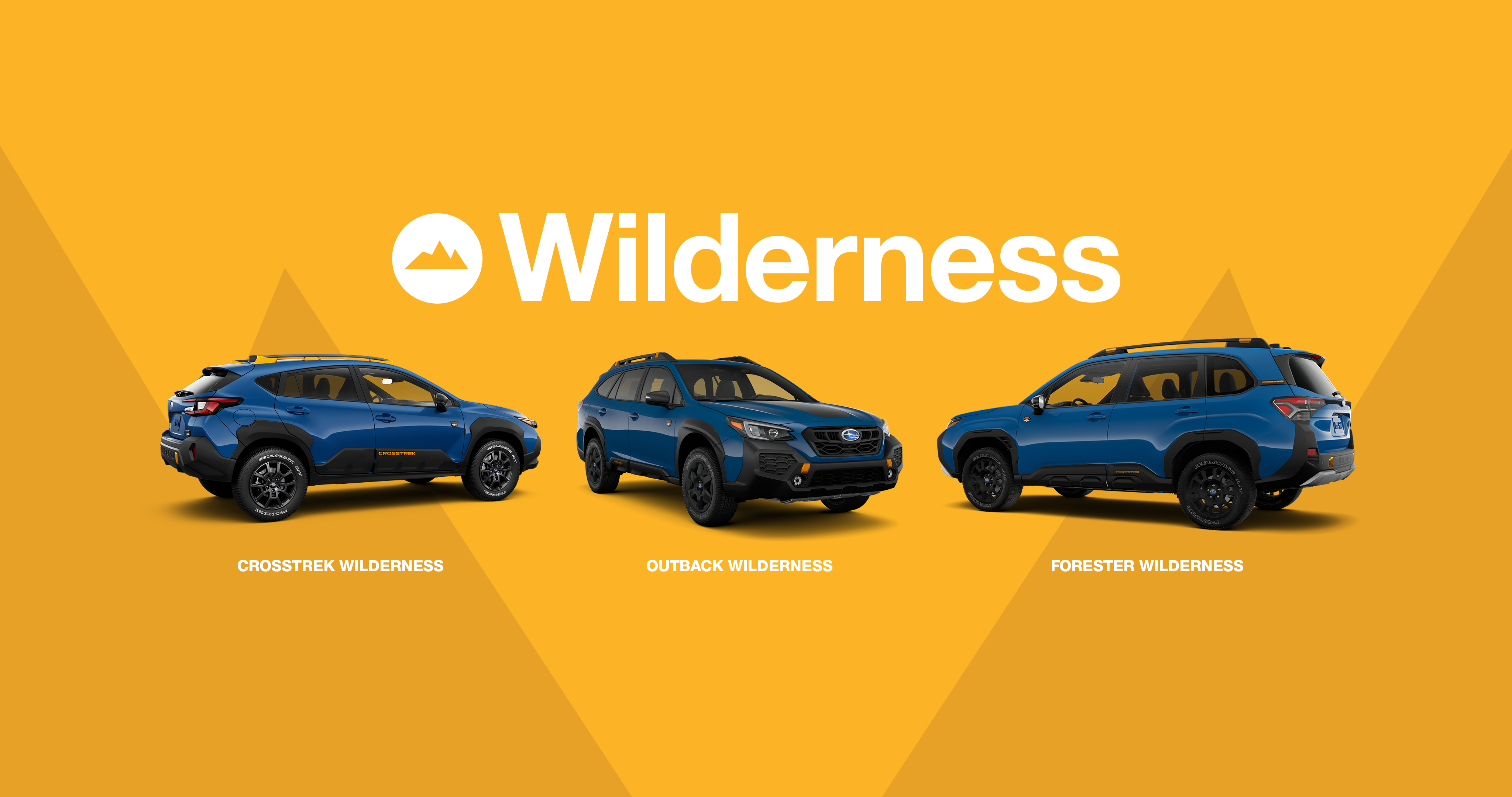 A static graphic featuring the 2026 Subaru Wilderness lineup on a bright yellow background. 