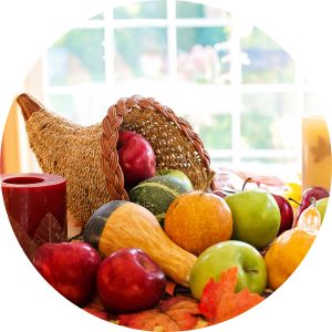 Cornucopia on a Table with Fruit and Vegetables