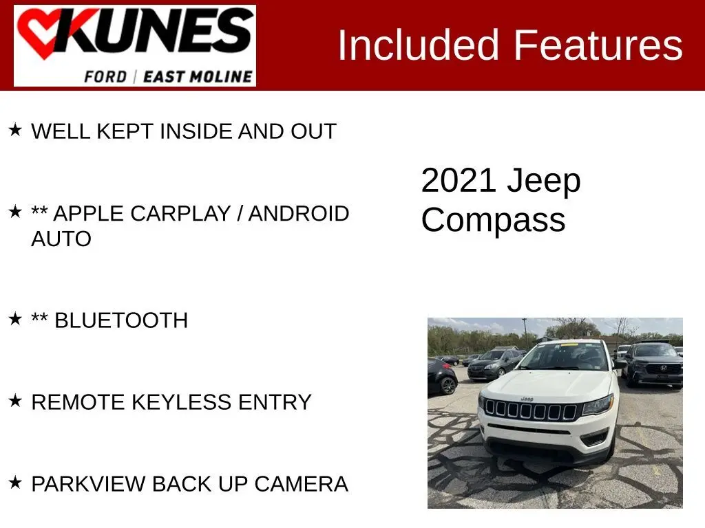 Used 2021 Jeep Compass Sport with VIN 3C4NJCAB5MT523043 for sale in East Moline, IL