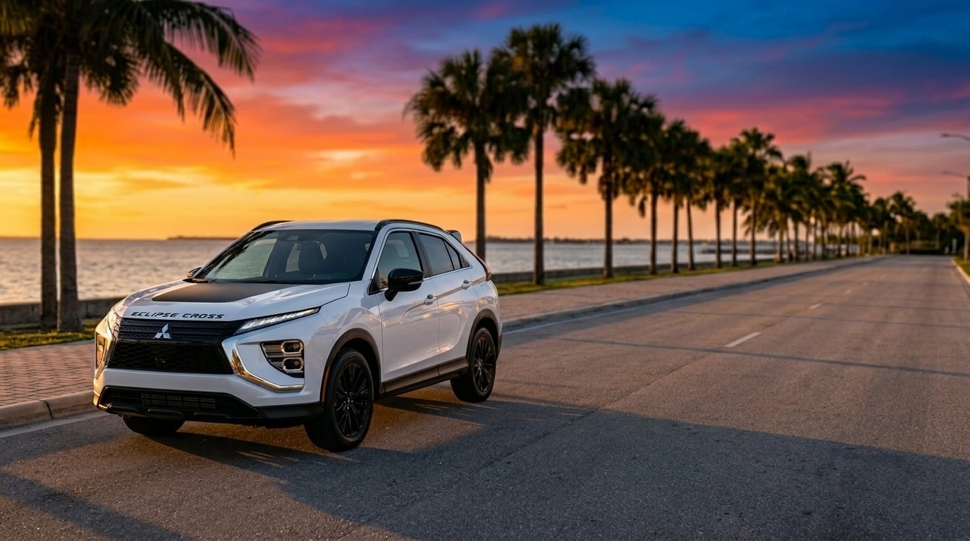 White Mitsubishi Eclipse Cross parked on a coastal road lined with palm trees during a vibrant sunset.