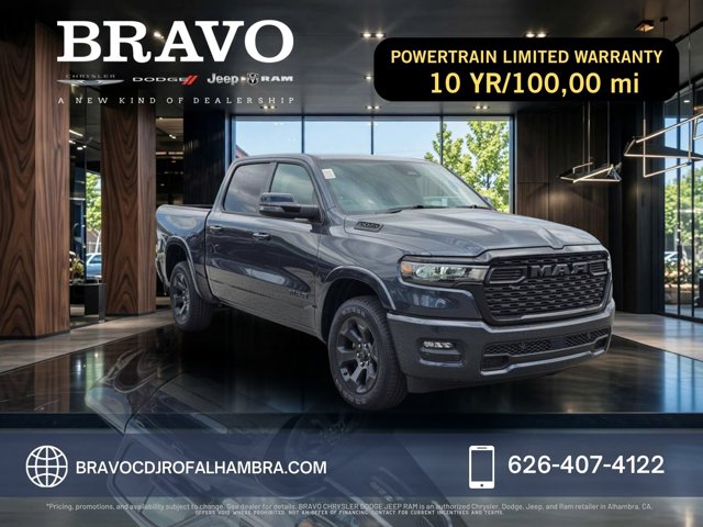 Gray Ram pickup in a showroom with a powertrain limited warranty offer