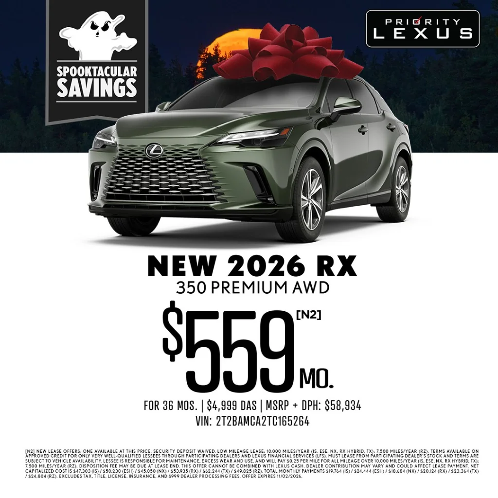 Priority Lexus Newport News Spooktacular Savings banner: dark green 2026 RX 350 Premium AWD with red bow under orange moon, $559/mo for 36 months lease.