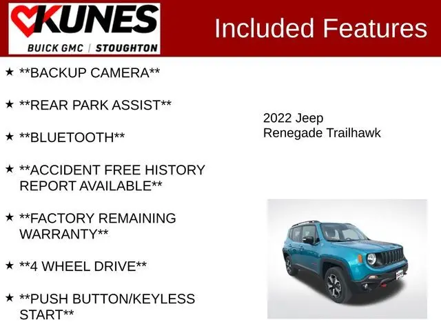 Used 2022 Jeep Renegade Trailhawk with VIN ZACNJDC11NPN90450 for sale in Stoughton, WI