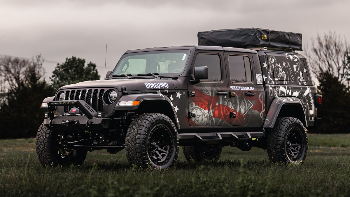 Custom Project Tribute Jeep Gladiator Exterior Driver Side Front Profile with Roof Rack