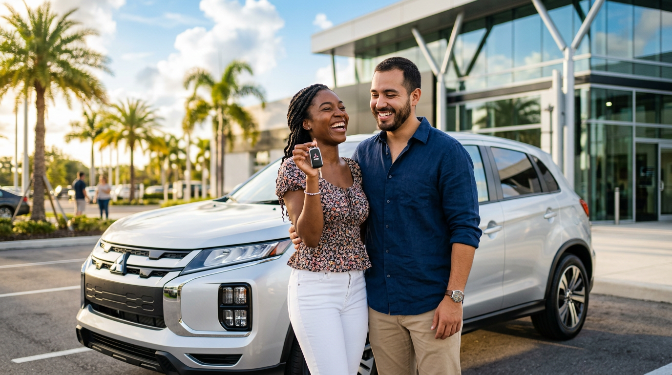 A smiling couple stands in front of a silver Mitsubishi SUV at a dealership, the woman holding up the key fob.