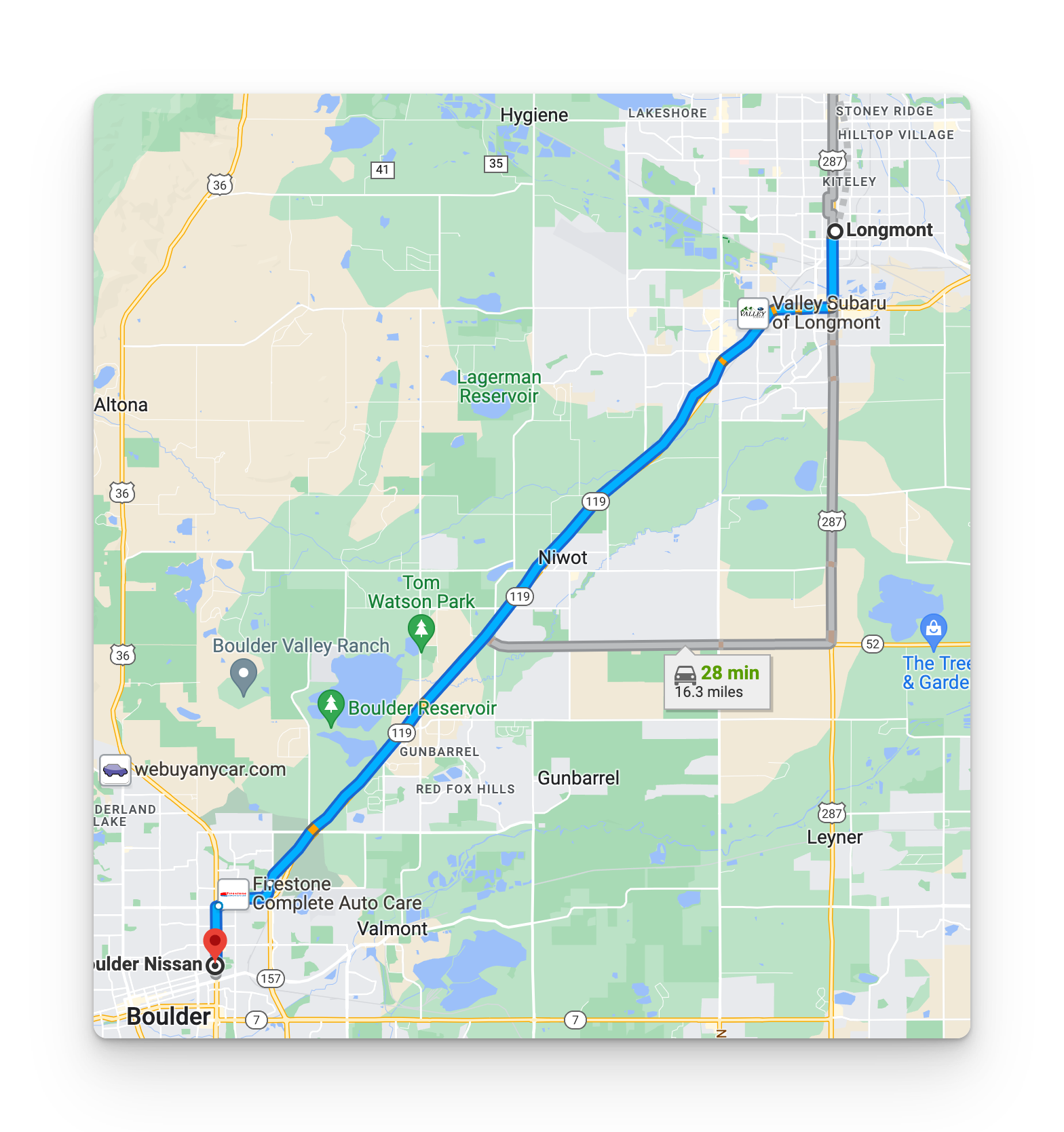 driving route from longmont to boulder nissan