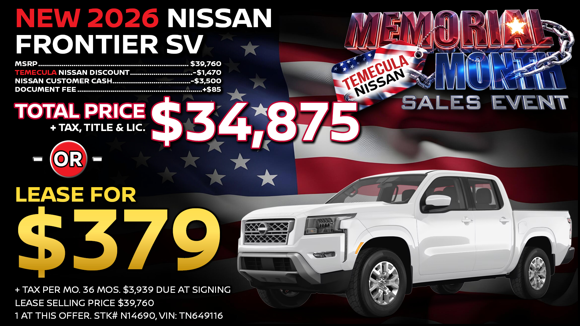 2026 Nissan Frontier SV Dark Armor Lease Special