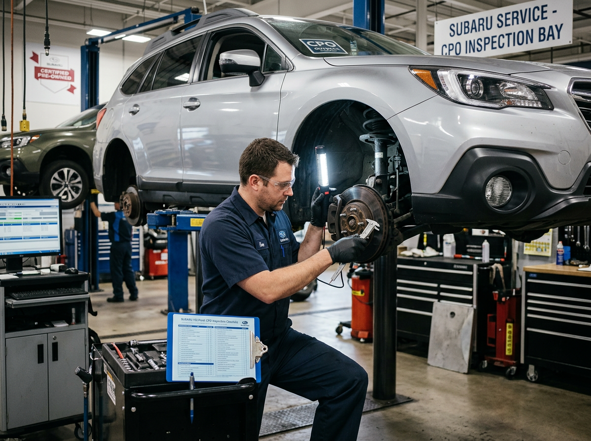 Certified technician inspecting a vehicle powertrain component
